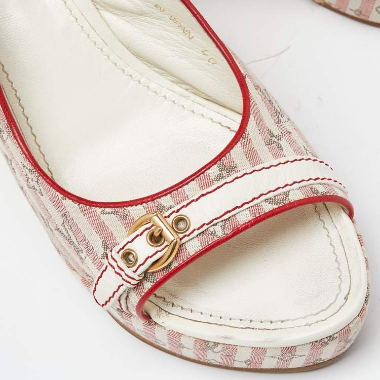Pre Owned Louis Vuitton White/Red Canvas Wedge Sandals Size 40