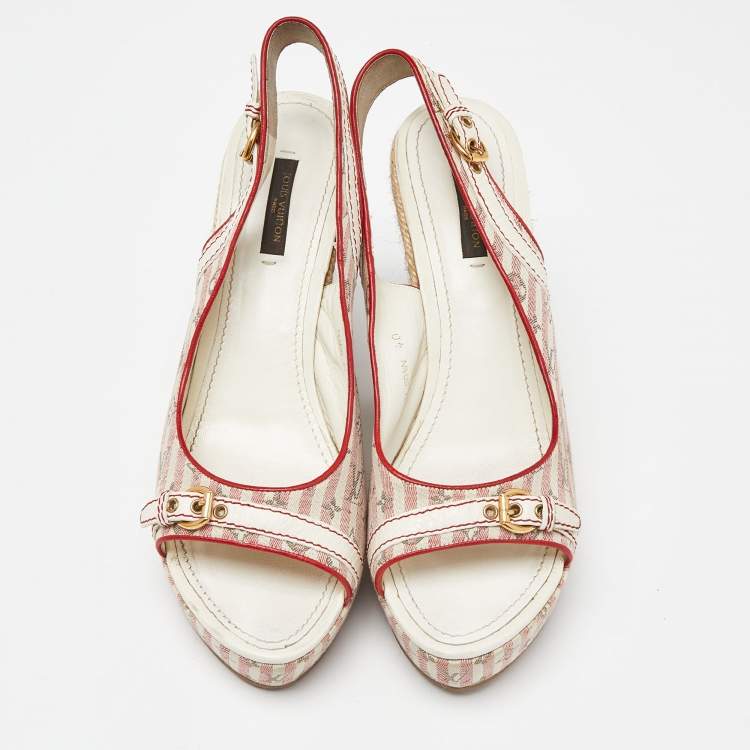Pre Owned Louis Vuitton White/Red Canvas Wedge Sandals Size 40