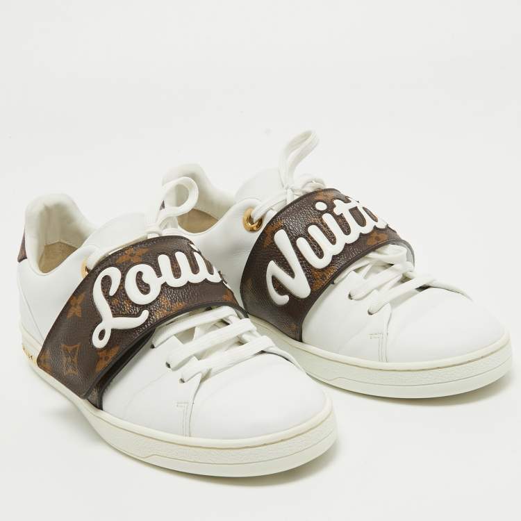 Pre Owned Louis Vuitton White/Brown Monogram Canvas and Leather Low Top Sneakers Size 35.5
