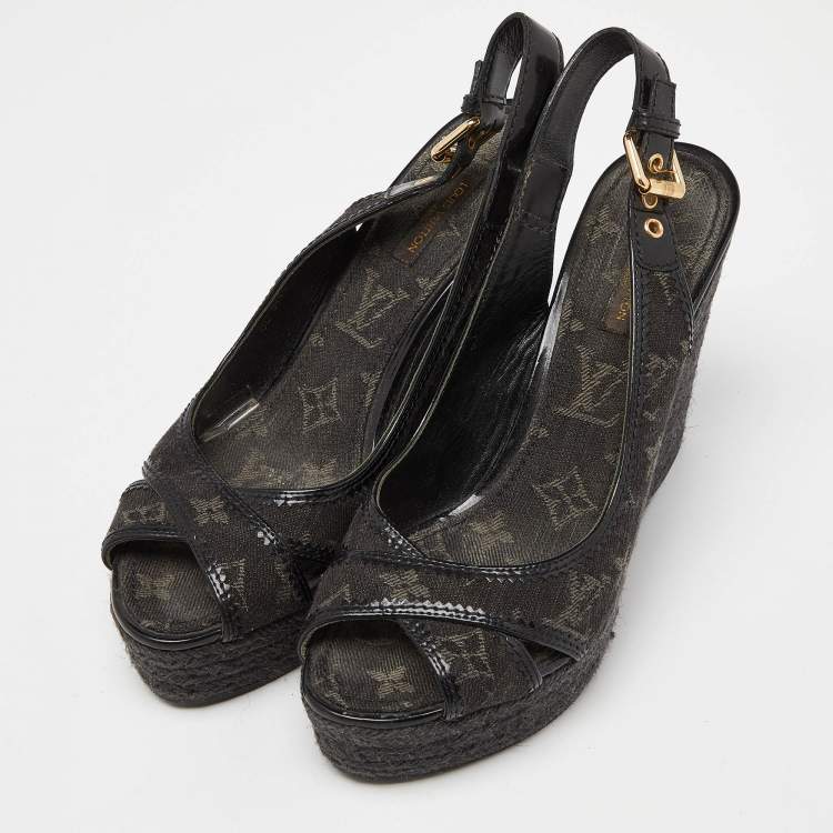 Pre Owned Louis Vuitton Black Patent and Demin Bastille Wedge Sandals Size 39.5