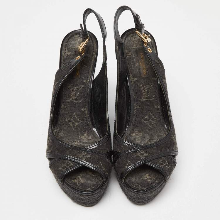 Pre Owned Louis Vuitton Black Patent and Demin Bastille Wedge Sandals Size 39.5