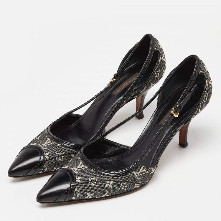 Pre Owned Louis Vuitton Black Monogram Canvas and Leather Cap Toe Pumps Size 37.5 