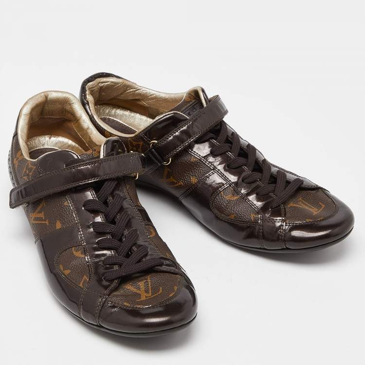 Pre Owned Louis Vuitton Brown Monogram Canvas and Patent Leather Gloe Trotter Sneakers Size 39