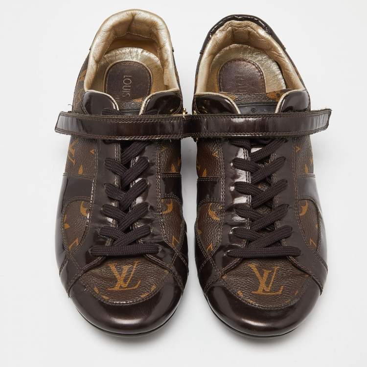 Pre Owned Louis Vuitton Brown Monogram Canvas and Patent Leather Gloe Trotter Sneakers Size 39