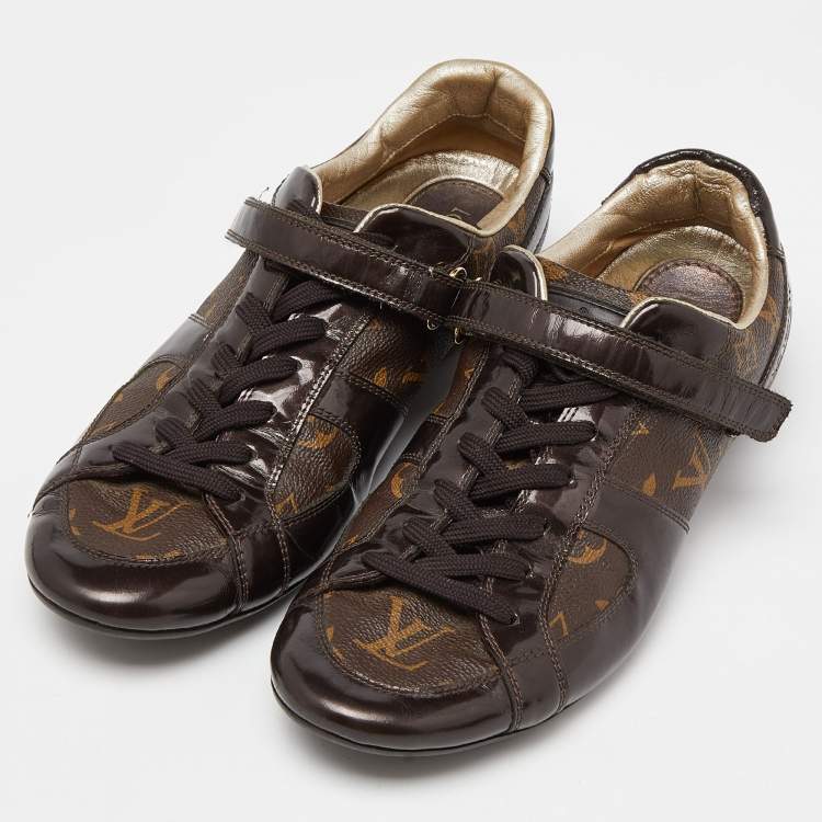 Pre Owned Louis Vuitton Brown Monogram Canvas and Patent Leather Gloe Trotter Sneakers Size 39