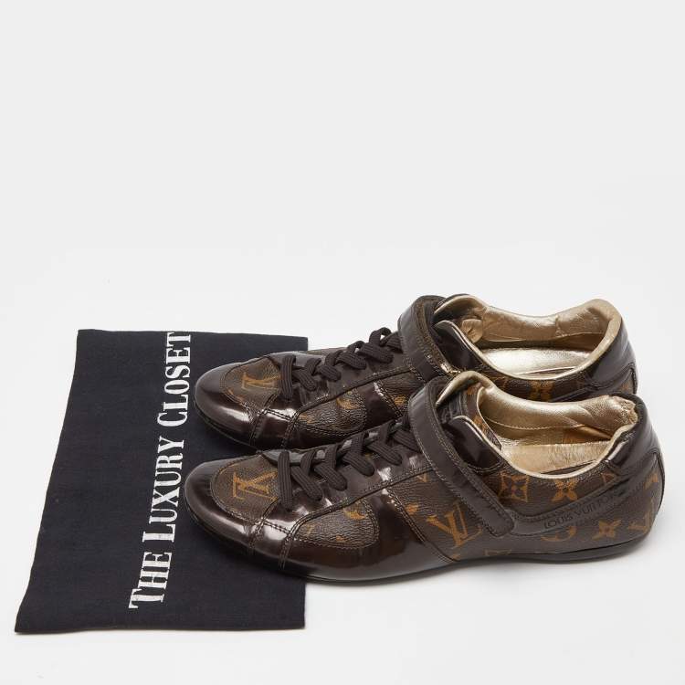 Pre Owned Louis Vuitton Brown Monogram Canvas and Patent Leather Gloe Trotter Sneakers Size 39
