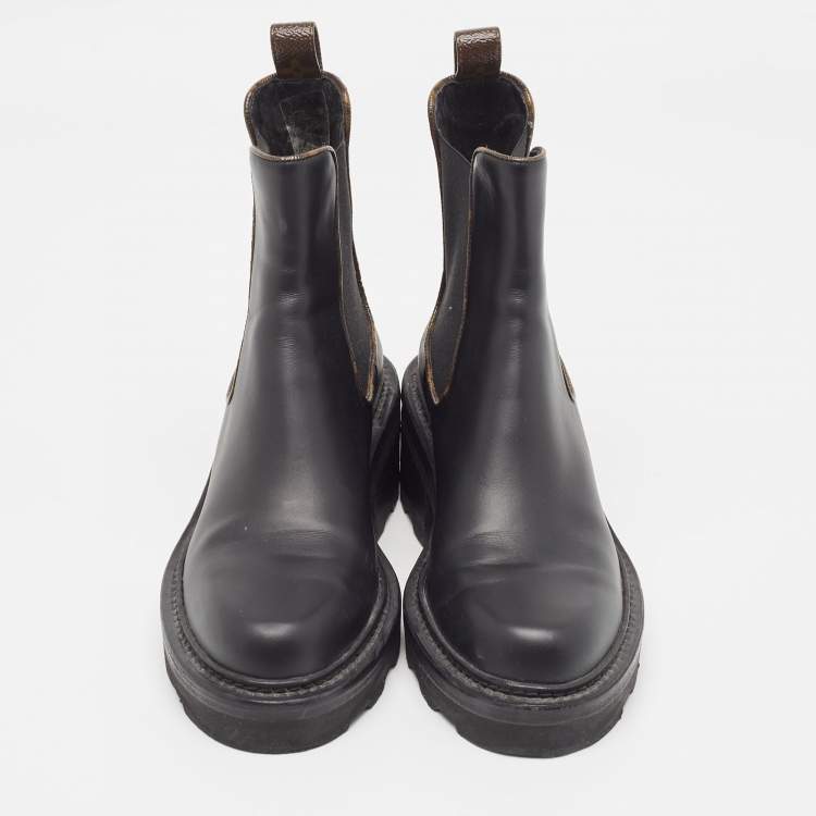 Pre Owned Louis Vuitton Black Leather and Monogram Canvas Chelsea Boots Size 37