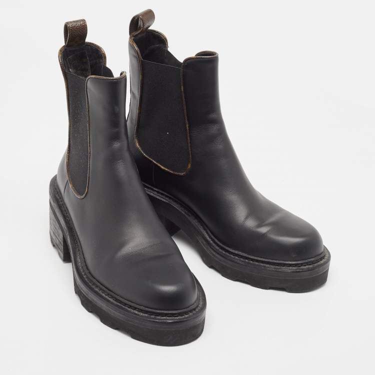 Pre Owned Louis Vuitton Black Leather and Monogram Canvas Chelsea Boots Size 37