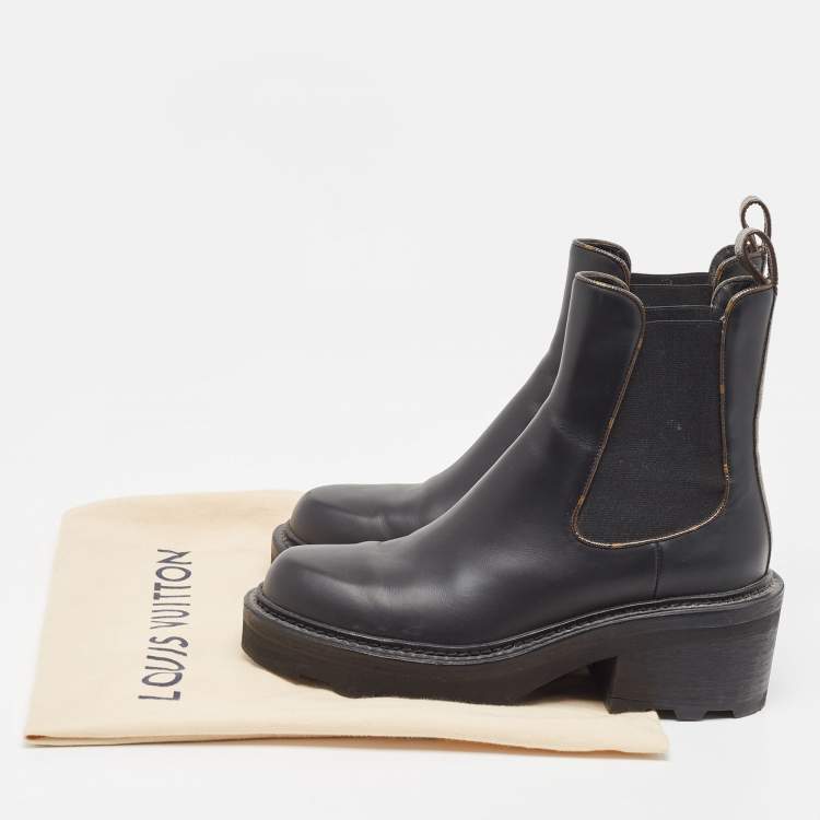 Pre Owned Louis Vuitton Black Leather and Monogram Canvas Chelsea Boots Size 37