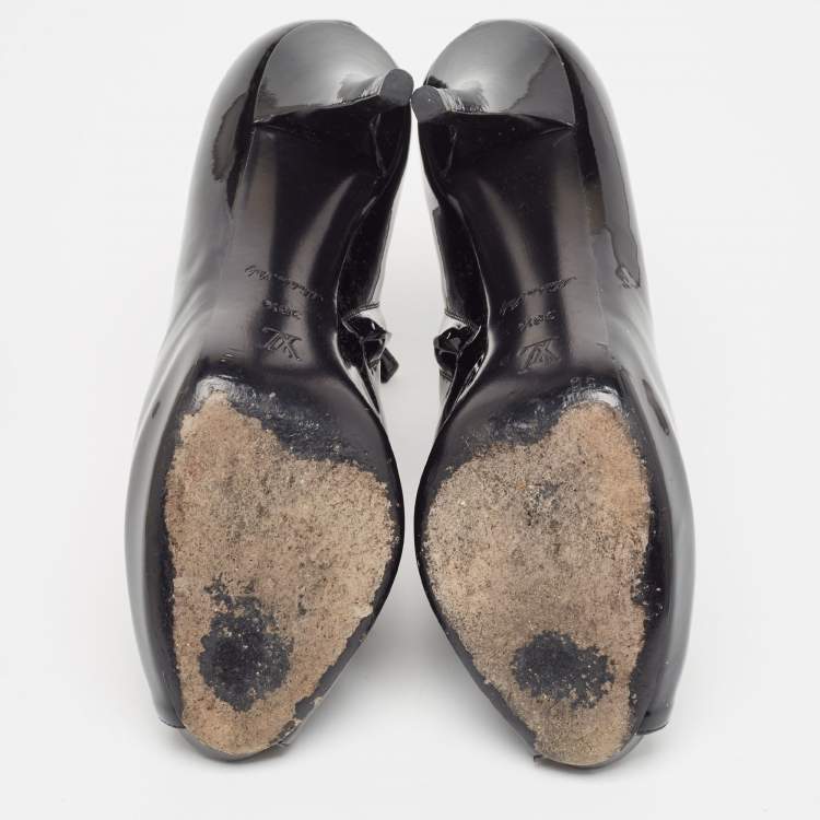 Pre Owned Louis Vuitton Black Patent Leather Peep Toe Ankle Booties Size 38.5
