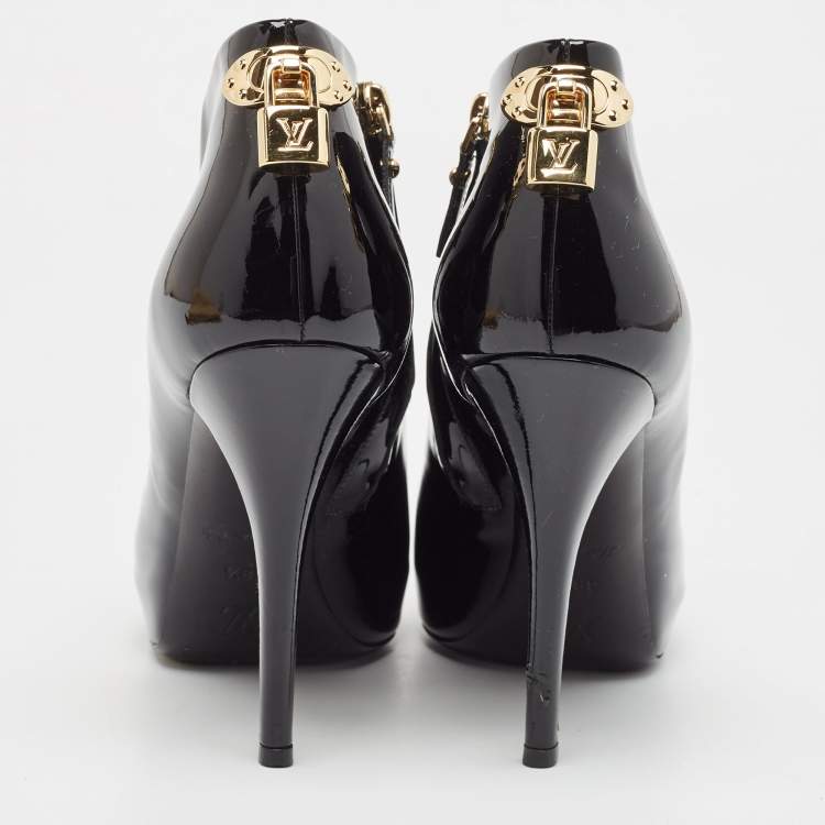 Pre Owned Louis Vuitton Black Patent Leather Peep Toe Ankle Booties Size 38.5