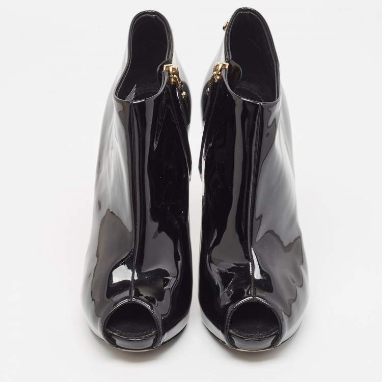 Pre Owned Louis Vuitton Black Patent Leather Peep Toe Ankle Booties Size 38.5