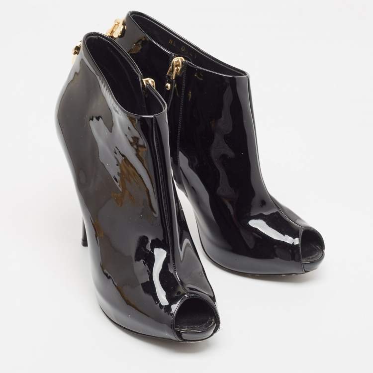 Pre Owned Louis Vuitton Black Patent Leather Peep Toe Ankle Booties Size 38.5