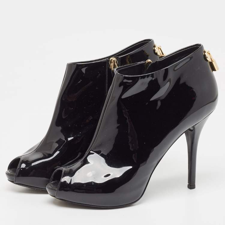 Pre Owned Louis Vuitton Black Patent Leather Peep Toe Ankle Booties Size 38.5