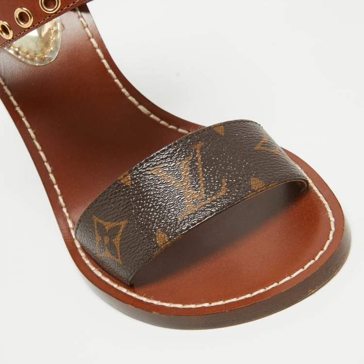 Pre Owned Louis Vuitton Brown Leather and Monogram Canvas Passenger Sandals Size 38
