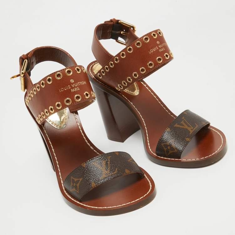 Pre Owned Louis Vuitton Brown Leather and Monogram Canvas Passenger Sandals Size 38