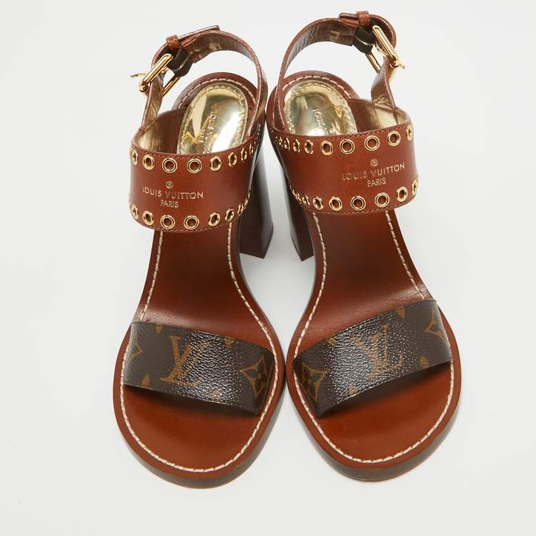 Pre Owned Louis Vuitton Brown Leather and Monogram Canvas Passenger Sandals Size 38
