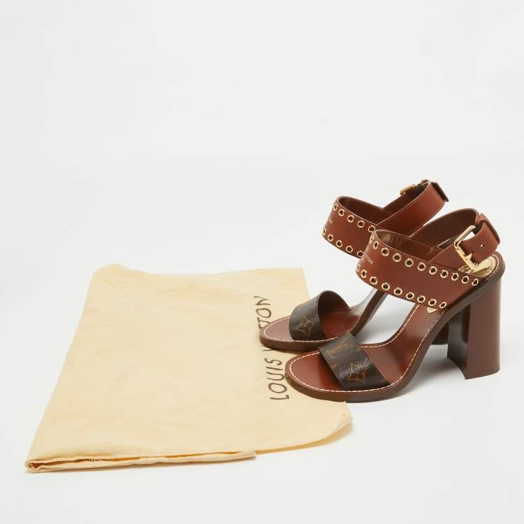 Pre Owned Louis Vuitton Brown Leather and Monogram Canvas Passenger Sandals Size 38