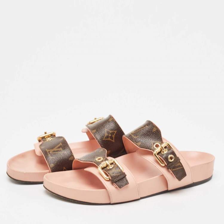 Pre Owned Louis Vuitton Pink/Brown Monogram Canvas and Leather Bom Dia Flat Slides Size 38