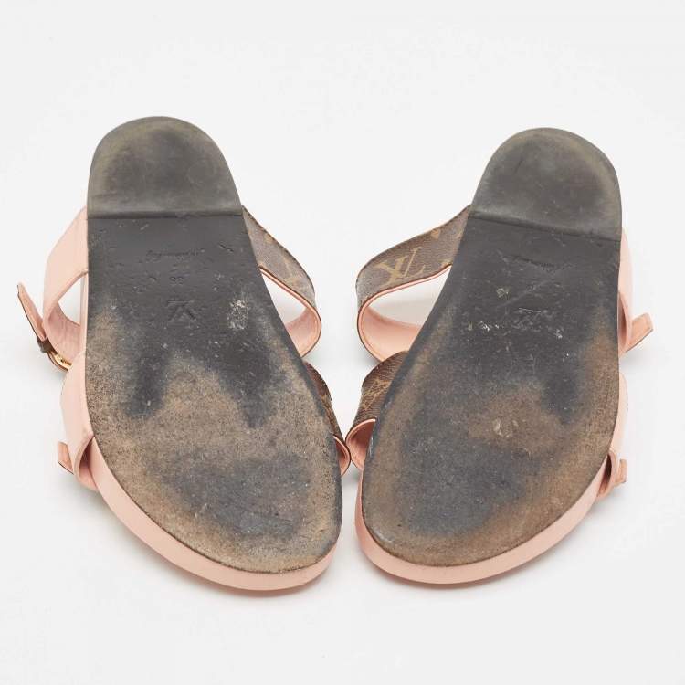 Pre Owned Louis Vuitton Pink/Brown Monogram Canvas and Leather Bom Dia Flat Slides Size 38