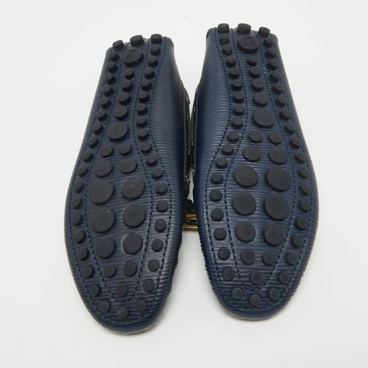 Pre Owned Louis Vuitton Navy Blue Leather Arizona Bow Slip On Loafers Size 36.5