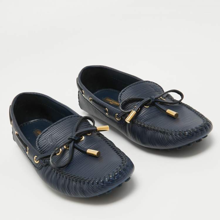 Pre Owned Louis Vuitton Navy Blue Leather Arizona Bow Slip On Loafers Size 36.5
