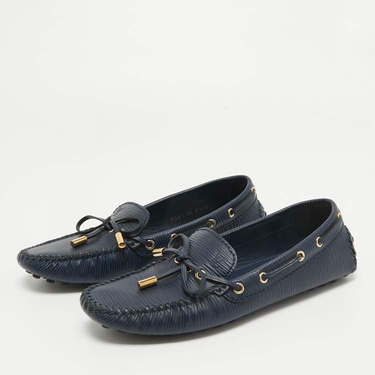 Pre Owned Louis Vuitton Navy Blue Leather Arizona Bow Slip On Loafers Size 36.5