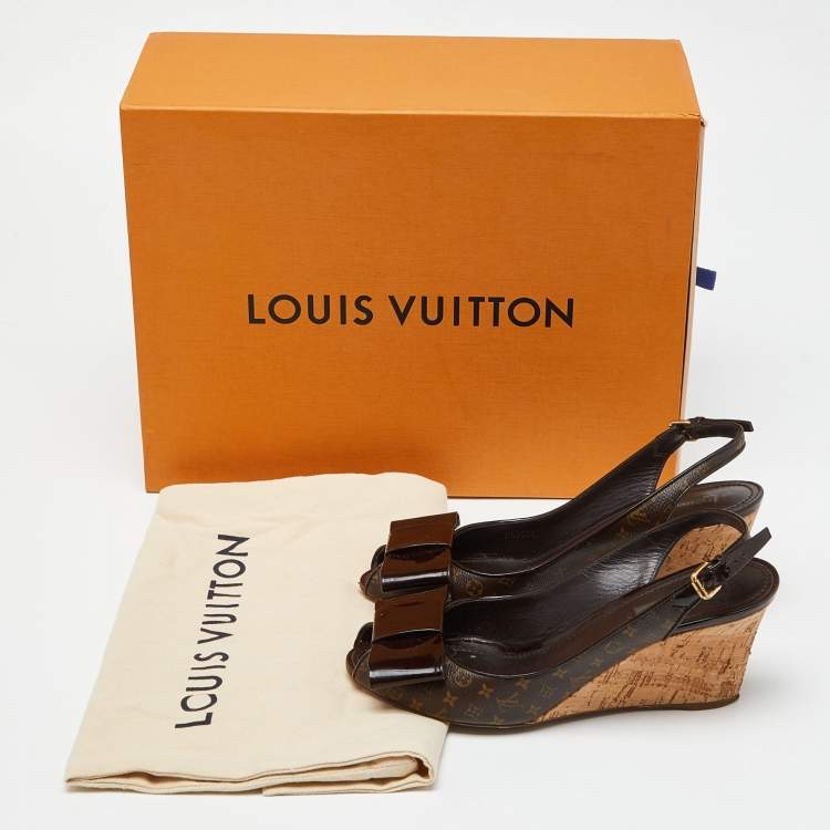 Pre Owned Louis Vuitton Brown Patent and Canvas Rivoli Slingback Wedge Pumps Size 38.5