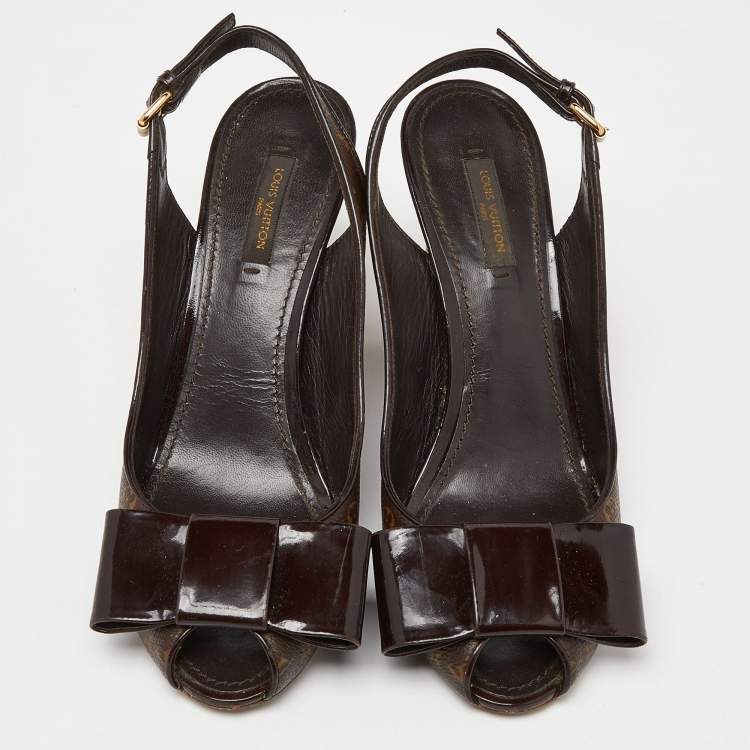 Pre Owned Louis Vuitton Brown Patent and Canvas Rivoli Slingback Wedge Pumps Size 38.5