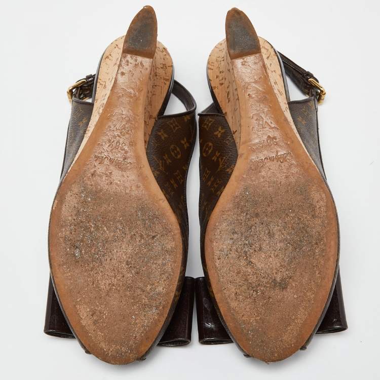 Pre Owned Louis Vuitton Brown Patent and Canvas Rivoli Slingback Wedge Pumps Size 38.5