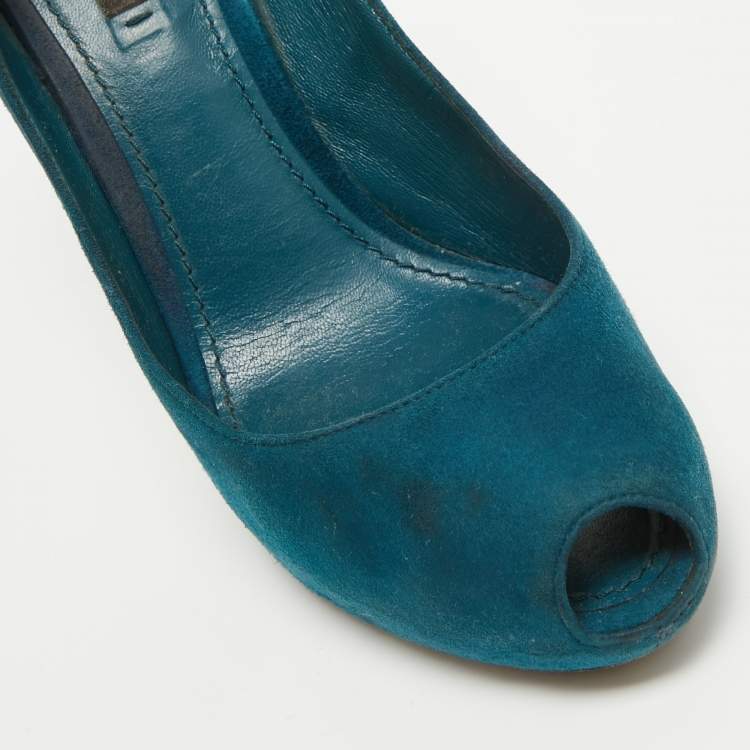Pre Owned Louis Vuitton Teal Suede Oh Really! Peep Toe Pumps Size 38.5