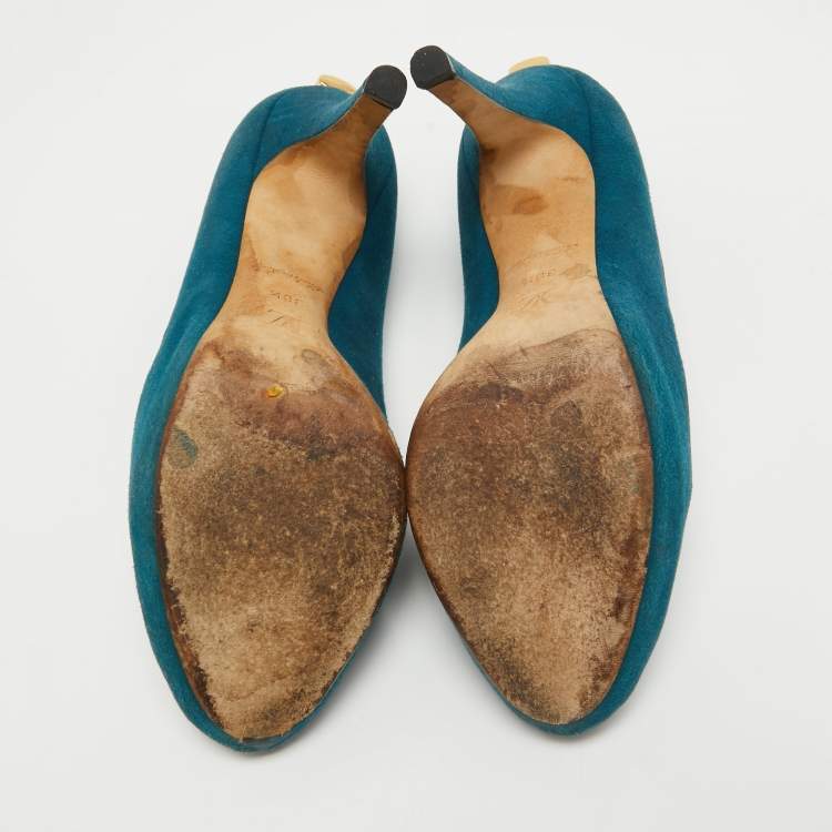 Pre Owned Louis Vuitton Teal Suede Oh Really! Peep Toe Pumps Size 38.5