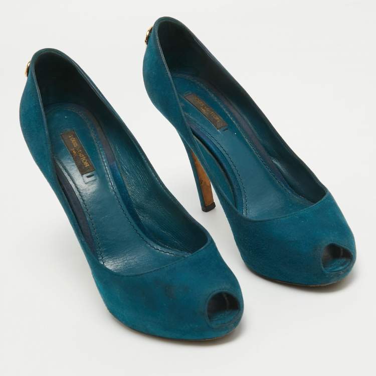 Pre Owned Louis Vuitton Teal Suede Oh Really! Peep Toe Pumps Size 38.5