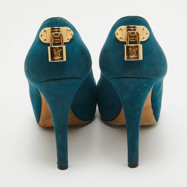 Pre Owned Louis Vuitton Teal Suede Oh Really! Peep Toe Pumps Size 38.5