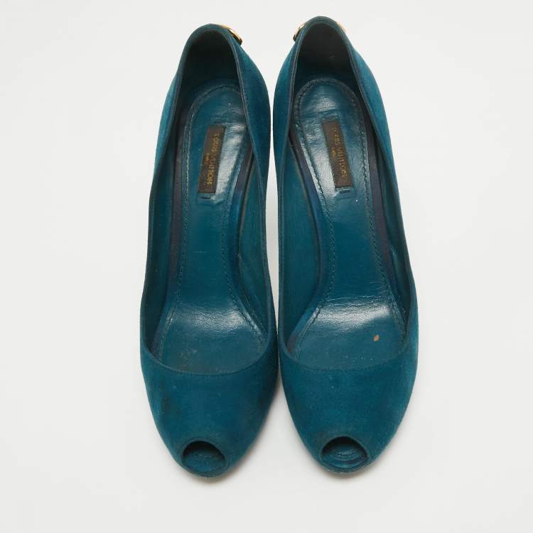 Pre Owned Louis Vuitton Teal Suede Oh Really! Peep Toe Pumps Size 38.5