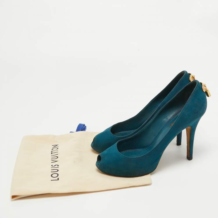 Pre Owned Louis Vuitton Teal Suede Oh Really! Peep Toe Pumps Size 38.5