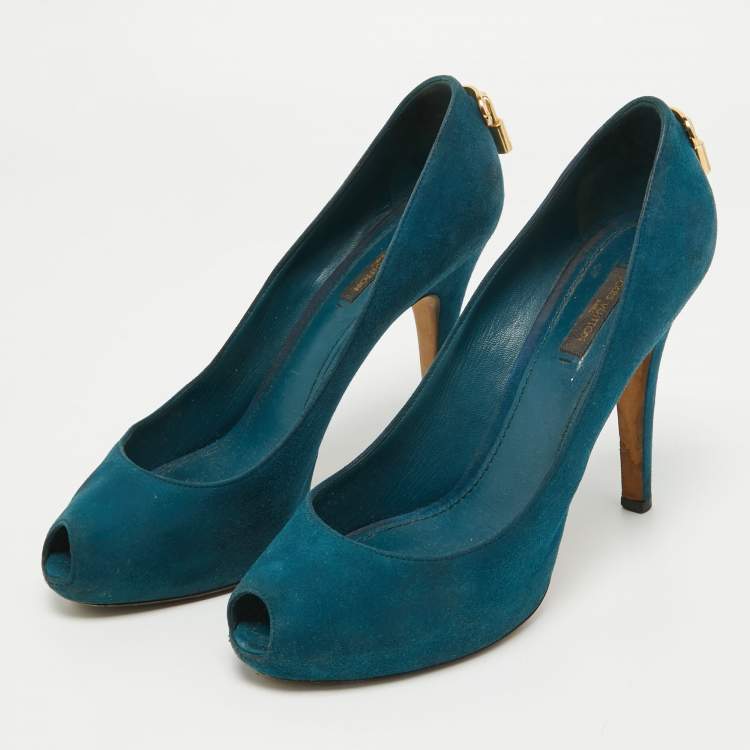 Pre Owned Louis Vuitton Teal Suede Oh Really! Peep Toe Pumps Size 38.5