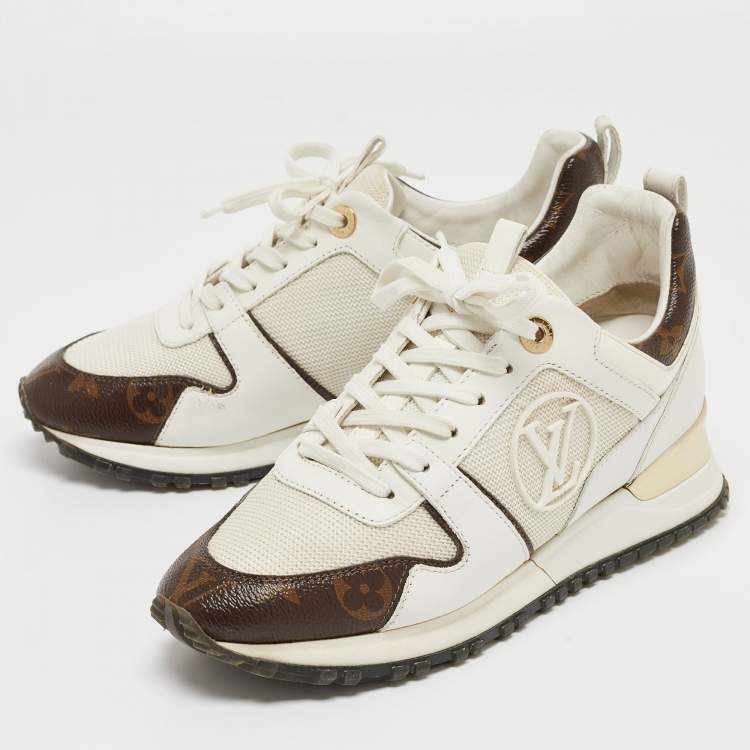 Pre Owned Louis Vuitton White/Monogram Canvas and Leather Run Away  Sneakers Size 36
