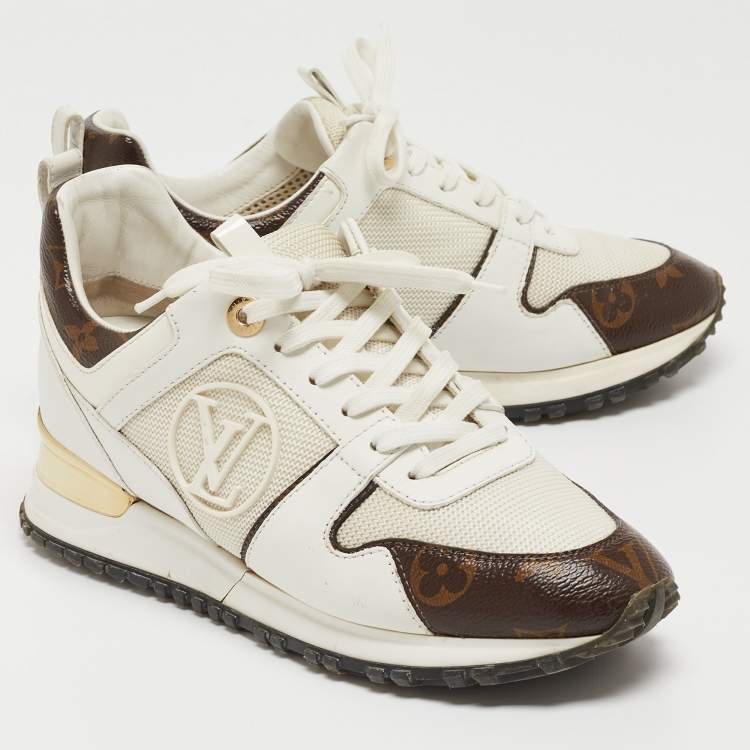 Pre Owned Louis Vuitton White/Monogram Canvas and Leather Run Away  Sneakers Size 36