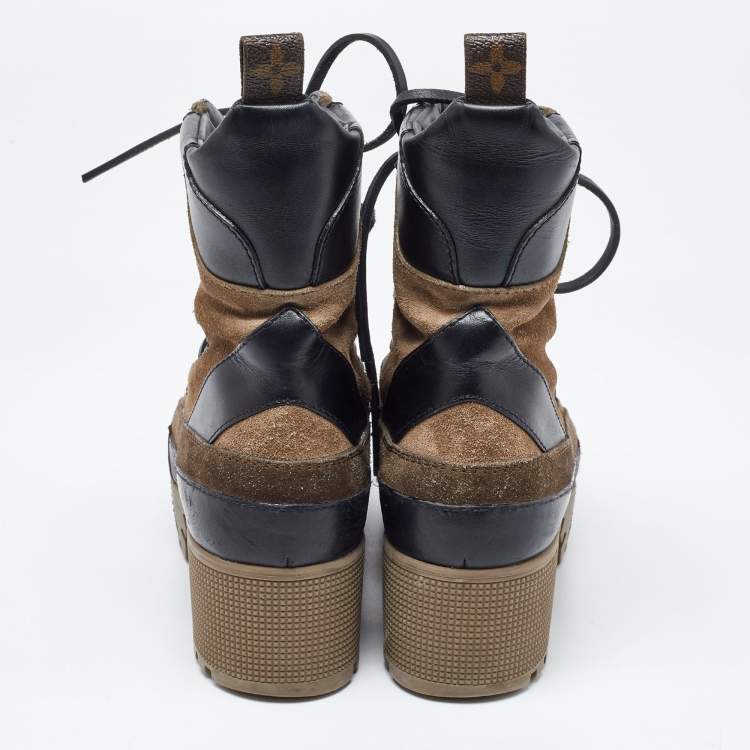 Pre Owned Louis Vuitton Beige Monogram Canvas and Suede Laureate Desert Boots Size 36
