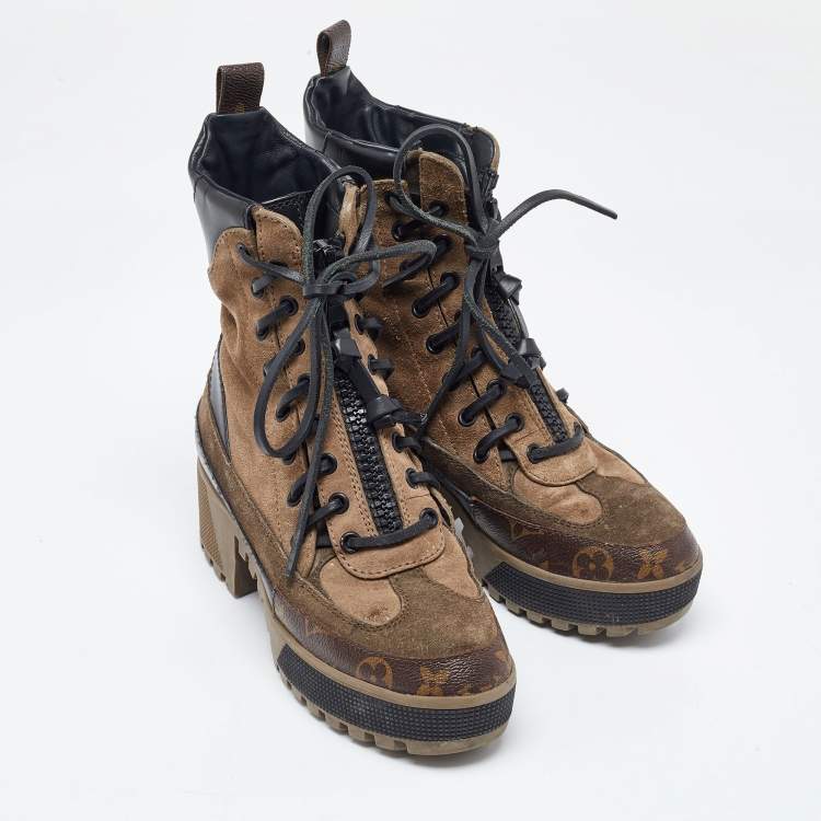 Pre Owned Louis Vuitton Beige Monogram Canvas and Suede Laureate Desert Boots Size 36