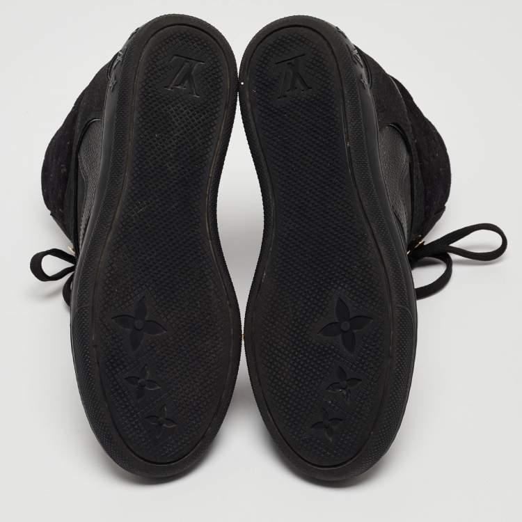 Pre Owned Louis Vuitton Black Leather and Monogram Suede Cliff Wedge Sneakers Size 37