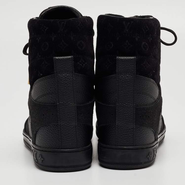 Pre Owned Louis Vuitton Black Leather and Monogram Suede Cliff Wedge Sneakers Size 37