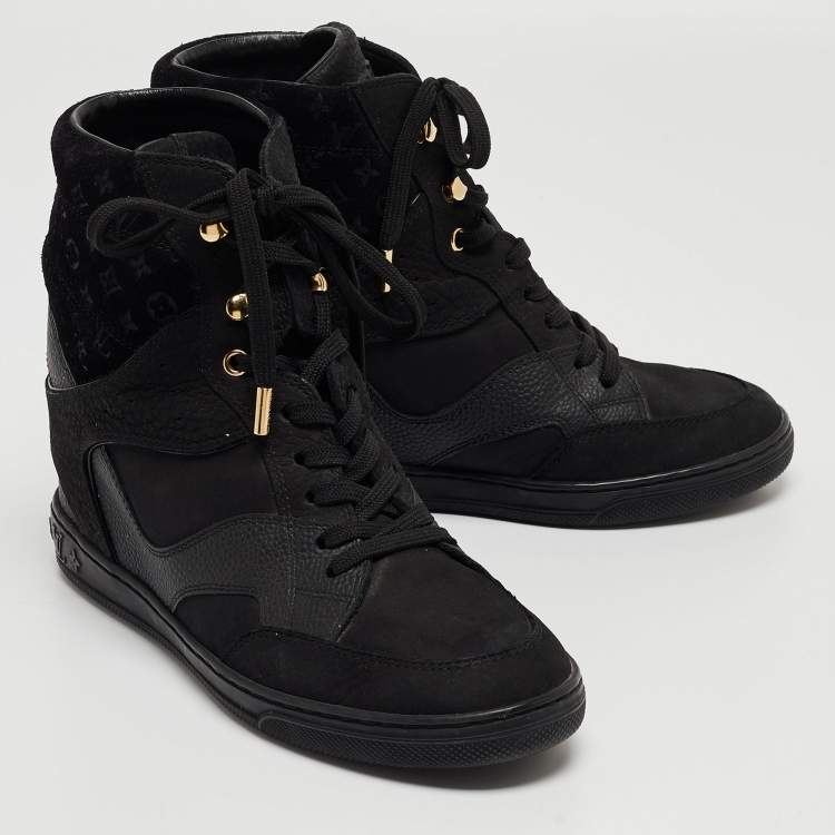Pre Owned Louis Vuitton Black Leather and Monogram Suede Cliff Wedge Sneakers Size 37