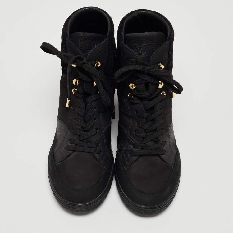 Pre Owned Louis Vuitton Black Leather and Monogram Suede Cliff Wedge Sneakers Size 37