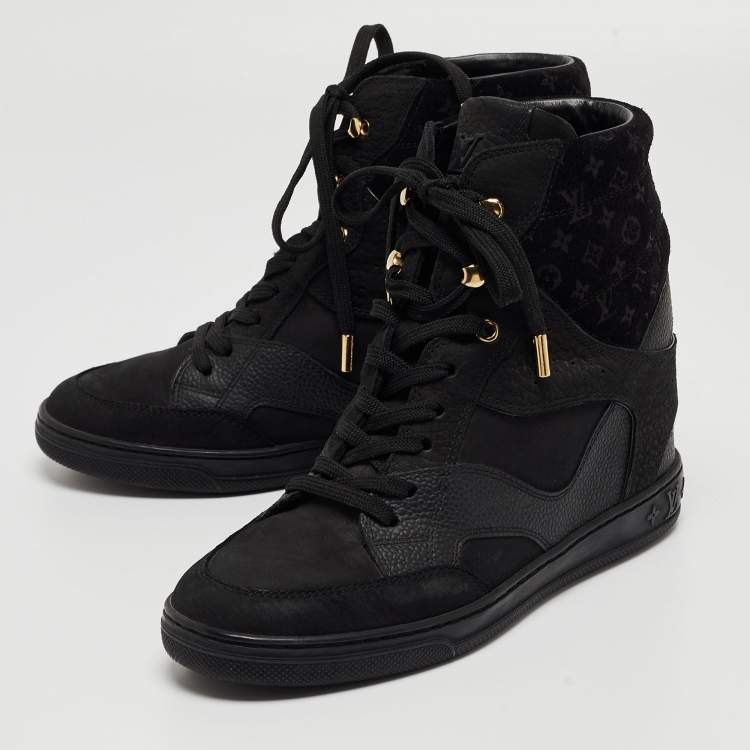 Pre Owned Louis Vuitton Black Leather and Monogram Suede Cliff Wedge Sneakers Size 37