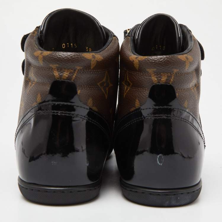 Pre Owned Louis Vuitton Black/Brown Suede, Patent Leather and Monogram Canvas Move Up Sneakers Size 38