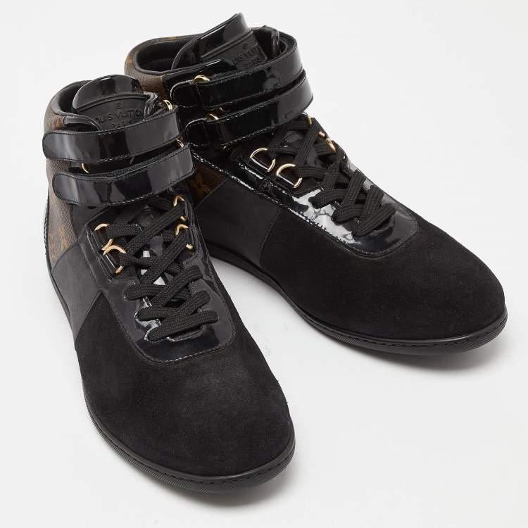 Pre Owned Louis Vuitton Black/Brown Suede, Patent Leather and Monogram Canvas Move Up Sneakers Size 38