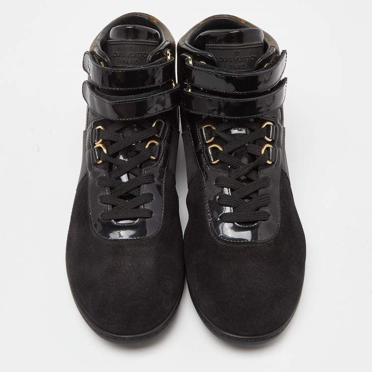 Pre Owned Louis Vuitton Black/Brown Suede, Patent Leather and Monogram Canvas Move Up Sneakers Size 38