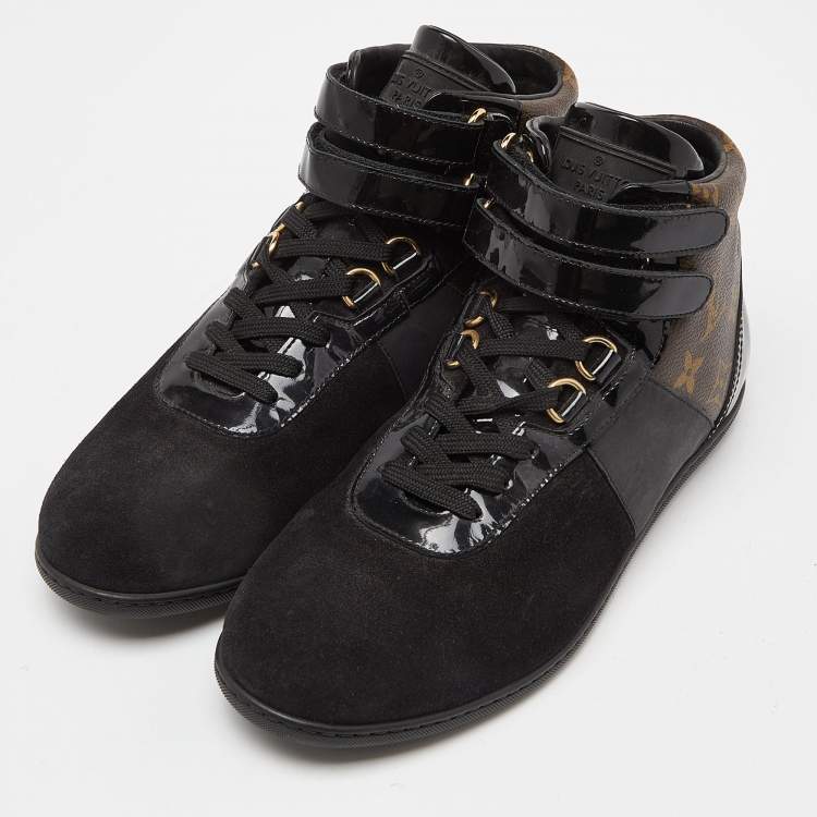 Pre Owned Louis Vuitton Black/Brown Suede, Patent Leather and Monogram Canvas Move Up Sneakers Size 38